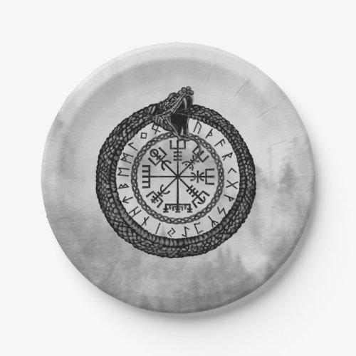 Vegvisir with Ouroboros and runes _ grayscale Paper Plates