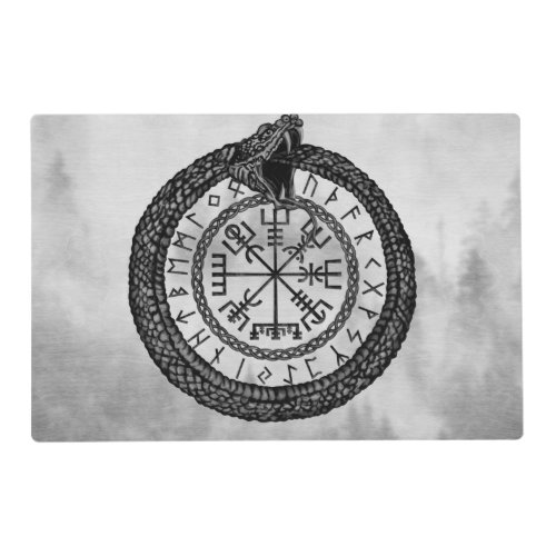 Vegvisir with Ouroboros and runes _ grayscale Placemat
