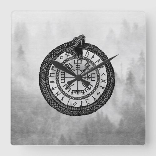 Vegvisir with Ouroboros and runes _ grayscale Square Wall Clock