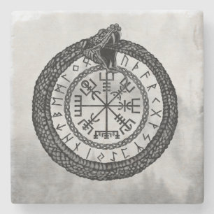 Vegvisir with Ouroboros and runes - grayscale Stone Coaster