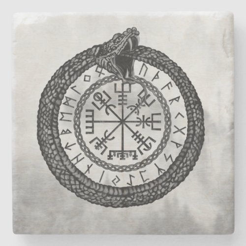 Vegvisir with Ouroboros and runes _ grayscale Stone Coaster