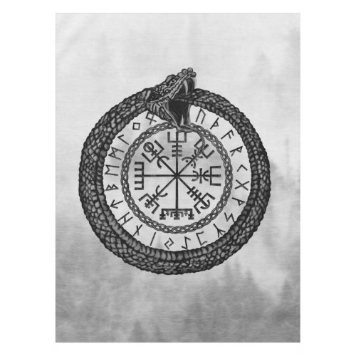 Vegvisir with Ouroboros and runes _ grayscale Tablecloth