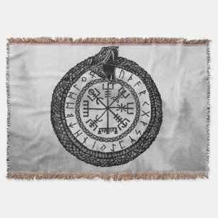 Vegvisir with Ouroboros and runes - grayscale Throw Blanket