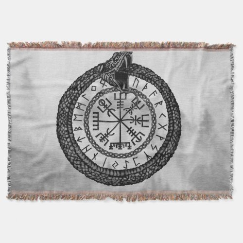 Vegvisir with Ouroboros and runes _ grayscale Throw Blanket