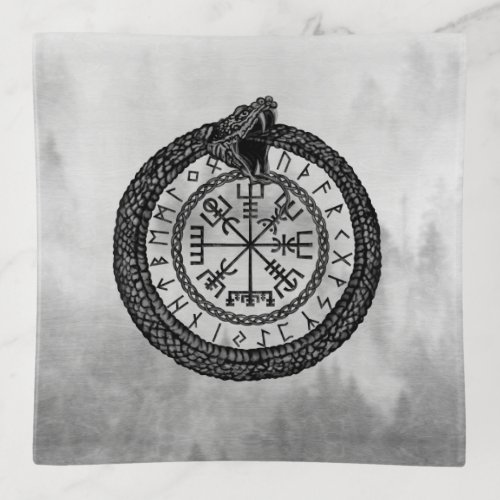 Vegvisir with Ouroboros and runes _ grayscale Trinket Tray