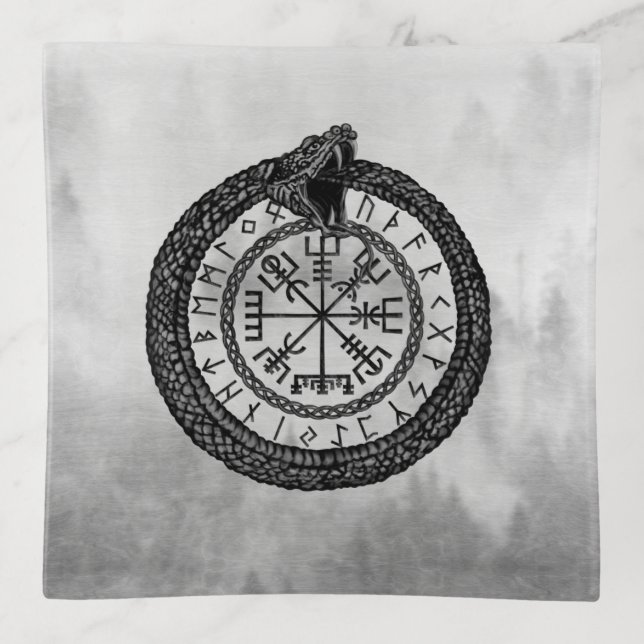 Vegvisir with Ouroboros and runes - grayscale Trinket Tray (Front)