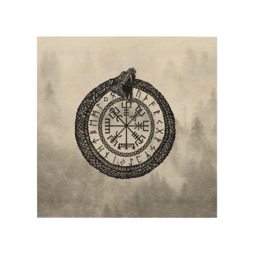 Vegvisir with Ouroboros and runes _ grayscale Wood Wall Art