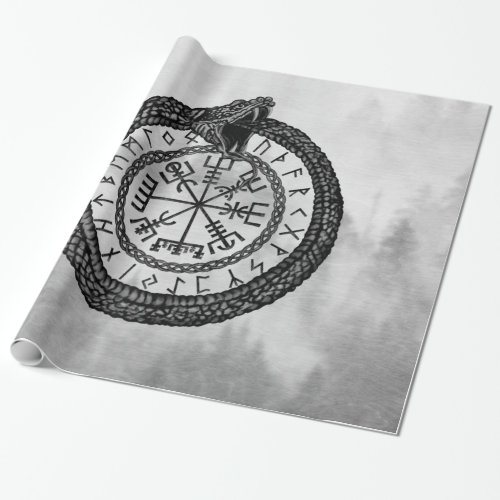 Vegvisir with Ouroboros and runes _ grayscale Wrapping Paper