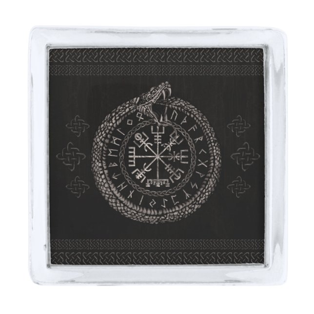 Vegvisir with Ouroboros and runes Silver Finish Lapel Pin (Front)