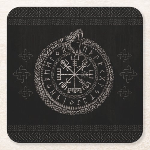 Vegvisir with Ouroboros and runes Square Paper Coaster