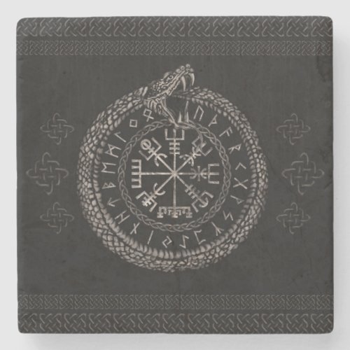 Vegvisir with Ouroboros and runes Stone Coaster