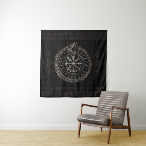 Vegvisir with Ouroboros and runes Tapestry