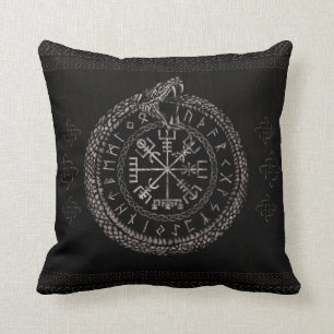 Vegvisir with Ouroboros and runes Throw Pillow