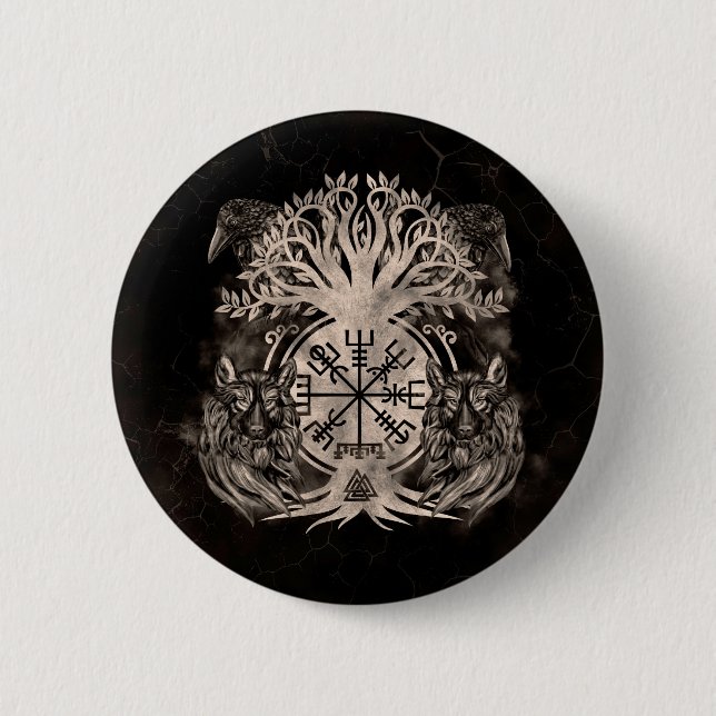 Vegvisir -Yggdrasil With Ravens & Wolves Button (Front)