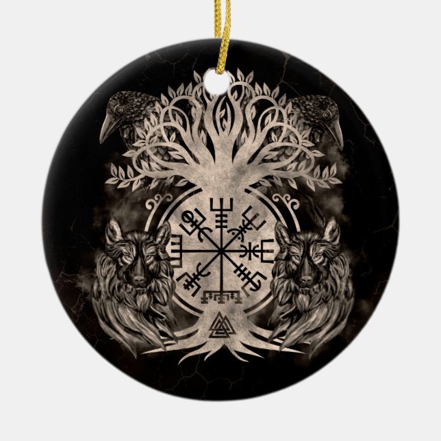 Vegvisir -Yggdrasil With Ravens & Wolves Ceramic Ornament (Front)
