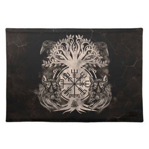 Vegvisir _Yggdrasil With Ravens  Wolves Cloth Placemat