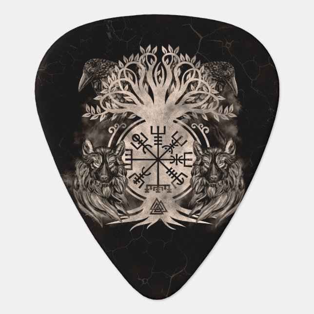 Vegvisir -Yggdrasil With Ravens & Wolves Guitar Pick (Front)