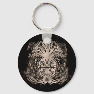 Vegvisir -Yggdrasil With Ravens & Wolves Keychain
