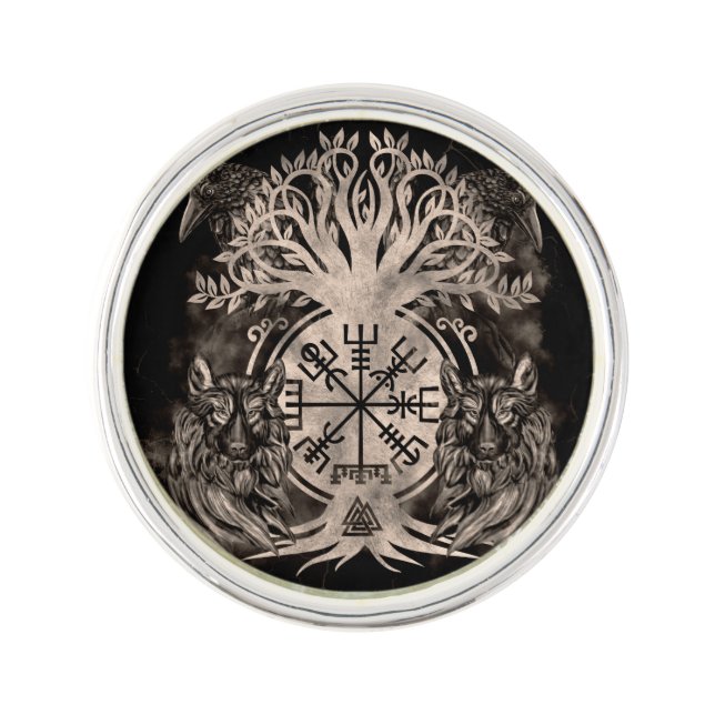 Vegvisir -Yggdrasil With Ravens & Wolves Lapel Pin (Front)