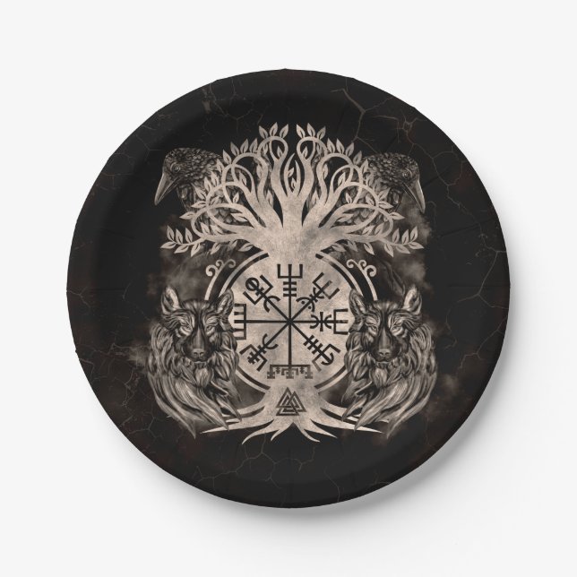 Vegvisir -Yggdrasil With Ravens & Wolves Paper Plates (Front)