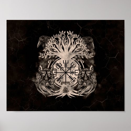 Vegvisir _Yggdrasil With Ravens  Wolves Poster