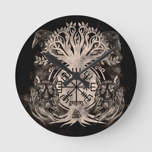 Vegvisir _Yggdrasil With Ravens  Wolves Round Clock