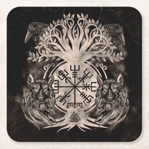 Vegvisir _Yggdrasil With Ravens  Wolves Square Paper Coaster