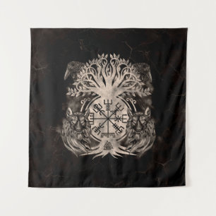 Vegvisir -Yggdrasil With Ravens & Wolves Tapestry