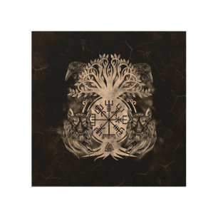 Vegvisir -Yggdrasil With Ravens & Wolves Wood Wall Art