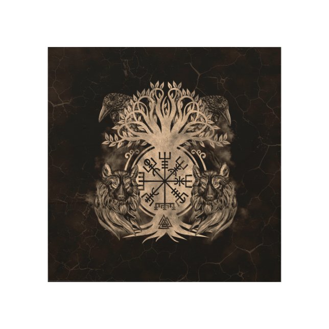 Vegvisir -Yggdrasil With Ravens & Wolves Wood Wall Art (Front)