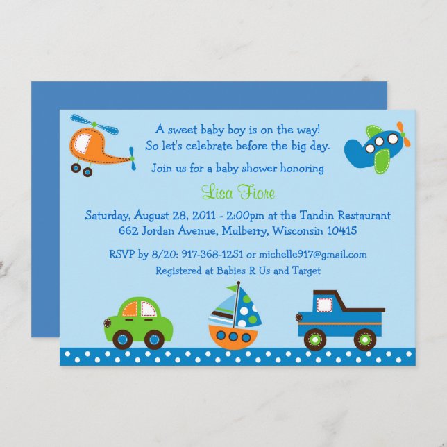 Vehicle Car Truck Baby Shower Invitation (Front/Back)