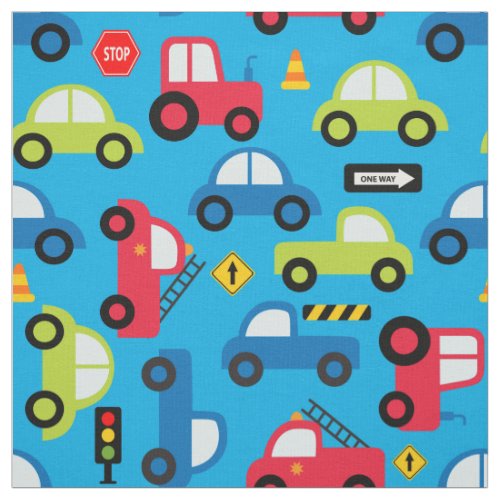 Vehicle pattern with car firetruck tractor fabric