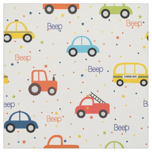 Vehicle pattern with car firetruck tractor jeep fabric