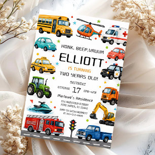 Vehicles 2nd Birthday Party Invitation
