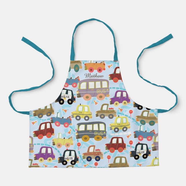 Vehicles kids Blue. All-Over Print Apron (Front)