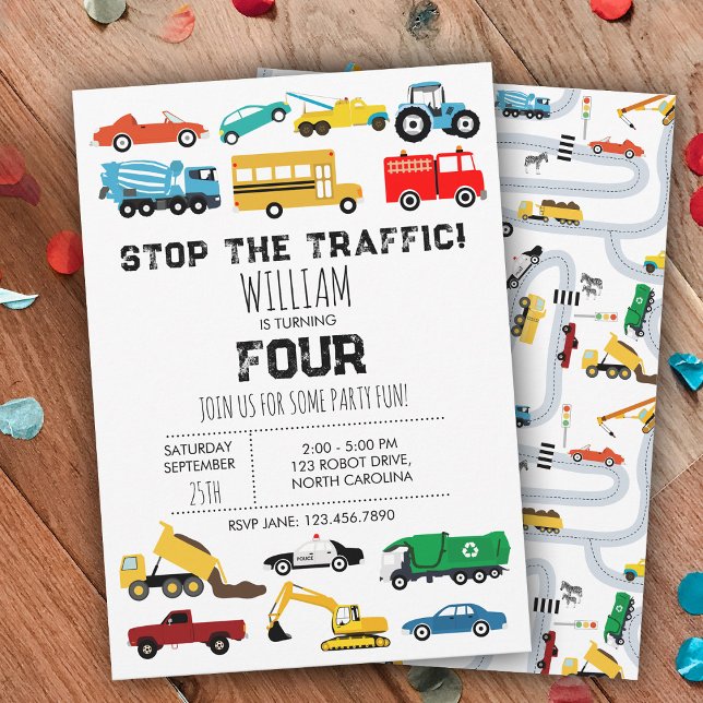 Vehicles Transportation Cars Trucks Boys Birthday Invitation (Vehicles Transportation Cars Trucks Boys Birthday Invitation)