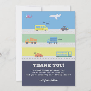 Vehicles, Trucks, Airplane Boy Birthday Thank You Card