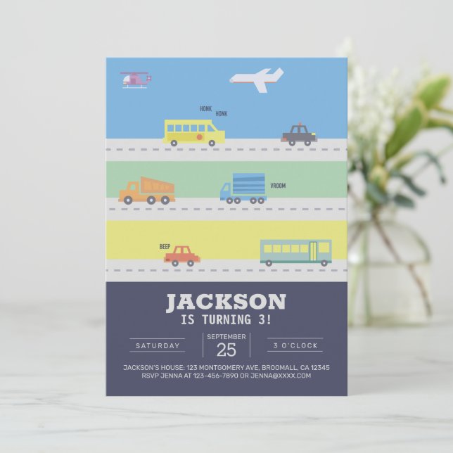 Vehicles, Trucks, Airplanes, Cars Blue Birthday Invitation (Standing Front)