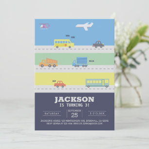 Vehicles, Trucks, Airplanes, Cars Blue Birthday Invitation