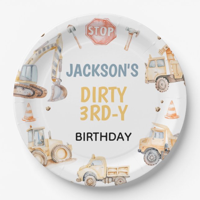 Vehicles Yellow Construction Dirty 3rdy Birthday  Paper Plates (Front)