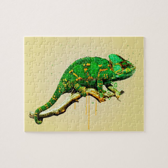 Veiled Chameleon Watercolor Reptile Jigsaw Puzzle (Horizontal)