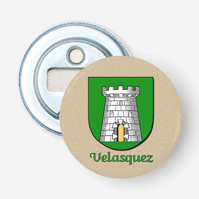 Velasquez Heraldic Arms on Parchment Style Back Bottle Opener (Front)