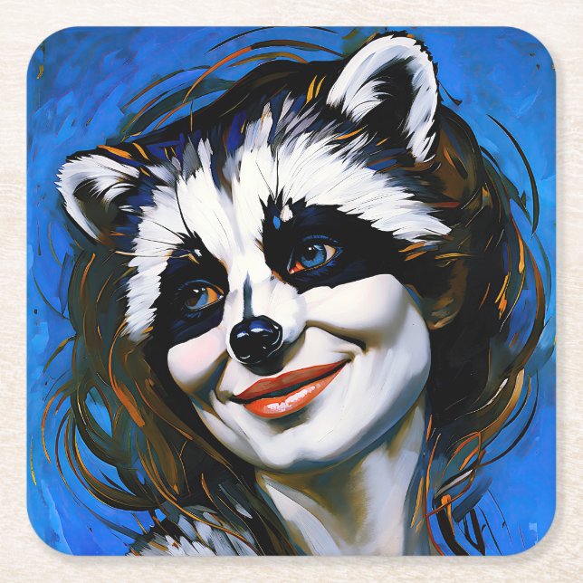 “Velka Teyani”  Whispering Raccoon Trickster  Square Paper Coaster (Front)