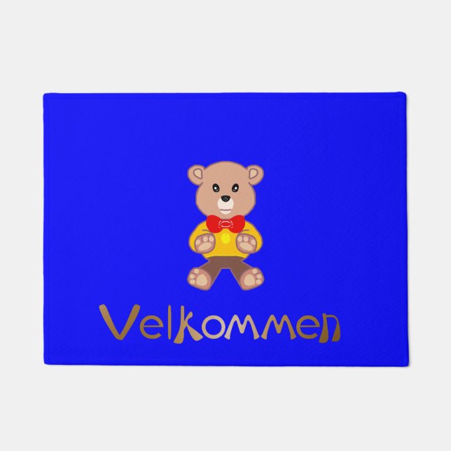 Velkommen Bear Blue Welcome Doormat  (Front)