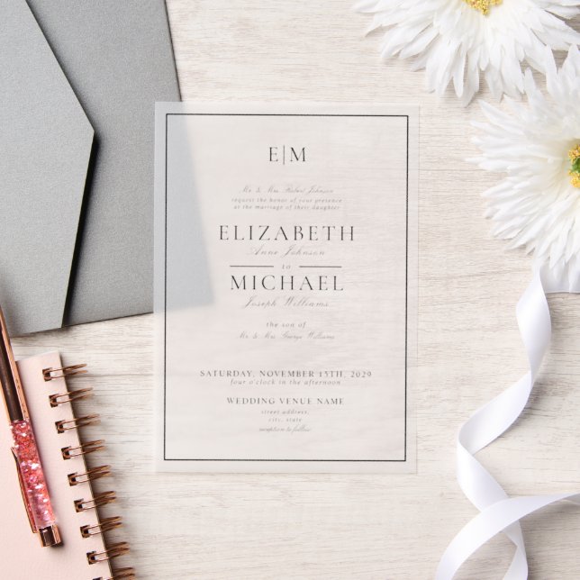 Vellum Elegant Black Classic Monogram Wedding Invitations (Wedding)
