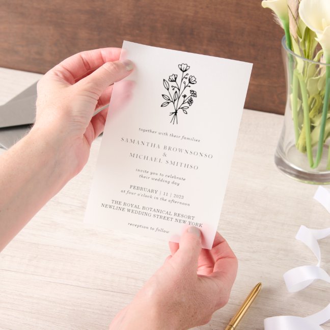 Vellum Lettering Flower Bouquet Botanicals Invitations