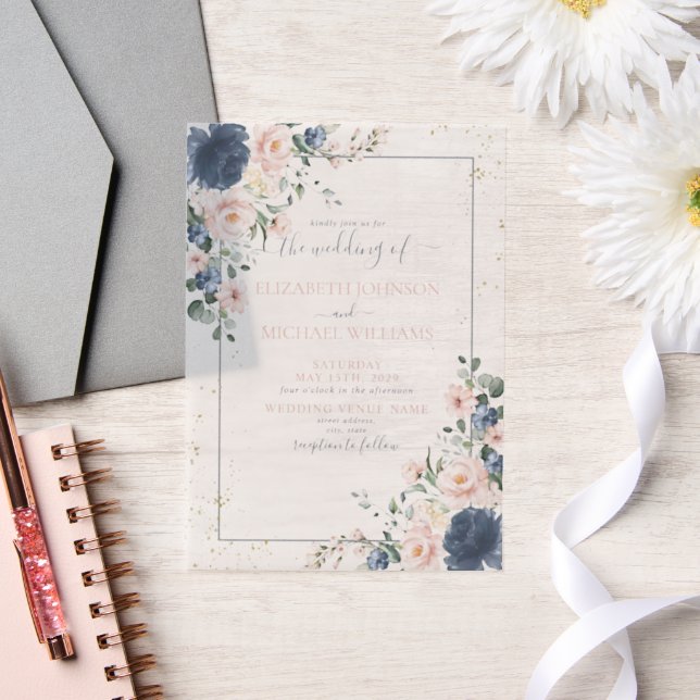Vellum Light Dusty Blue Blush Pink Gold Floral Invitations (Wedding)