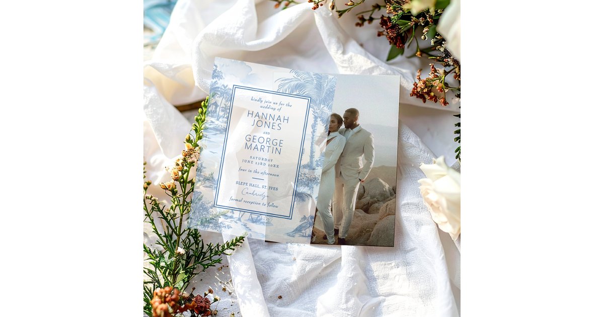 Vellum over Blue Coastal Toile Wedding Invitation | Zazzle