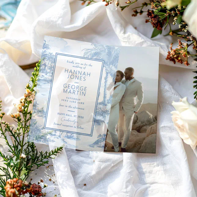 Vellum over Blue Coastal Toile Wedding Invitation | Zazzle