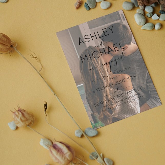 Vellum Overlay 2 Photo Calligraphy Engagement Invitation (Say Yes! Join our engagement celebration 🥂✨)